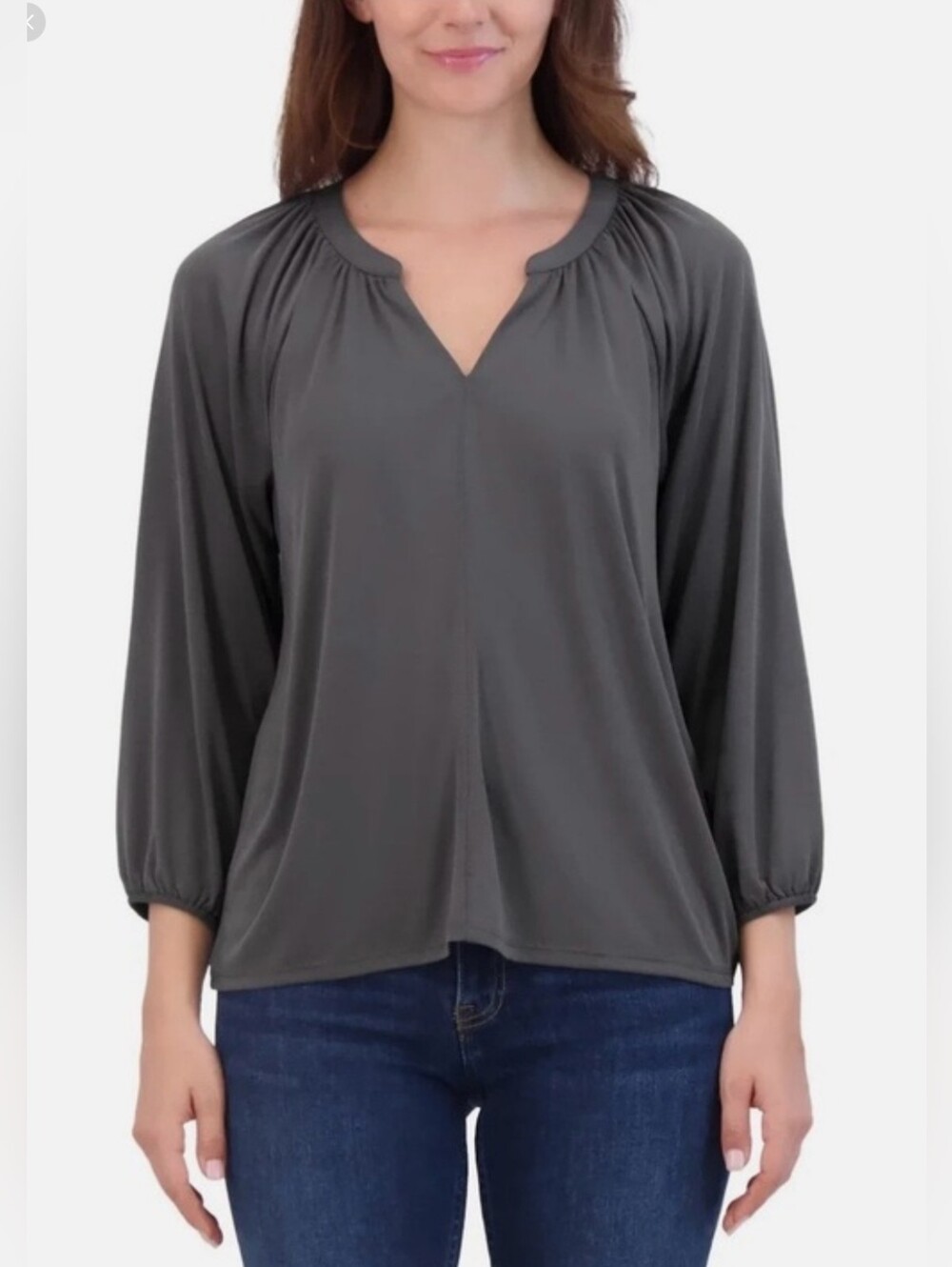 Lucky Brand Gray Split-Neck Balloon Sleeve Blouse